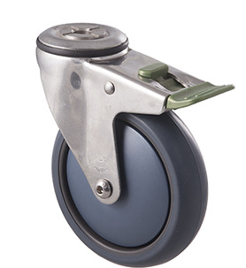 85kg Rated Stainless Steel Heavy Duty Castor - TPE Wheel - 125mm - Bolt Hole Directional Lock - Plain Bearing