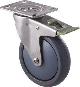 85kg Rated Stainless Steel Heavy Duty Castor - TPE Wheel - 125mm - Plate Directional Lock- Plain Bearing - ISO