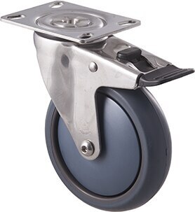 85kg Rated Stainless Steel Heavy Duty Castor - TPE Wheel - 125mm - Plate Brake- Plain Bearing - ISO
