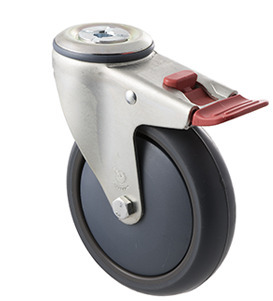 85kg Rated Industrial Castor - TPE Wheel - 125mm - Bolt Hole Brake - Plain Bearing