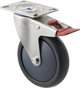 85kg Rated Industrial Castor - TPE Wheel - 125mm - Plate Brake - Plain Bearing - ISO