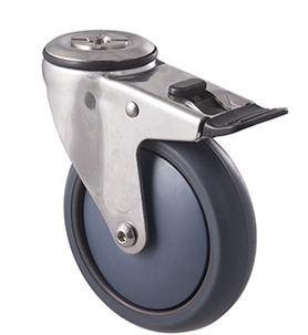 85kg Rated Stainless Steel Heavy Duty Castor - TPE Wheel - 125mm - Bolt Hole Brake - Ball Bearing