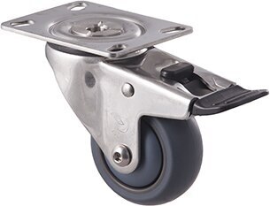 85kg Rated Stainless Steel Heavy Duty Castor - TPE Wheel - 75mm - Plate Brake - Ball Bearing - ISO