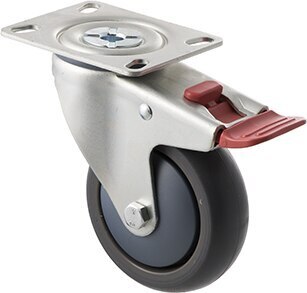 85kg Rated Industrial Castor - TPE Wheel - 100mm - Plate Brake - Ball Bearing - NA
