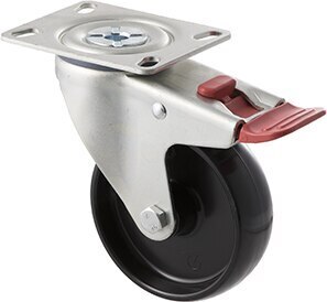150kg Rated Industrial Castor - Nylon Wheel - 100mm - Plate Brake - Plain Bearing - NA