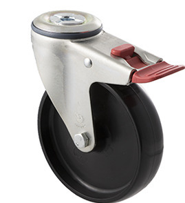 150kg Rated Industrial Castor - Nylon Wheel - 125mm - Bolt Hole Brake - Plain Bearing