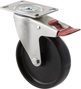 150kg Rated Industrial Castor - Nylon Wheel - 125mm - Plate Brake - Plain Bearing - NA