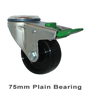 150kg Rated Industrial Castor - Nylon Wheel - 75mm - Bolt Hole Directional Lock - Plain Bearing