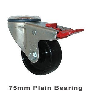 150kg Rated Industrial Castor - Nylon Wheel - 75mm - Bolt Hole Brake - Plain Bearing