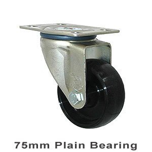 150kg Rated Industrial Castor - Nylon Wheel - 75mm - Plate Swivel - Plain Bearing - NA