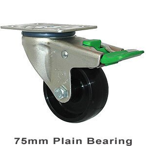 150kg Rated Industrial Castor - Nylon Wheel - 75mm - Plate Directional Lock - Plain Bearing - NA