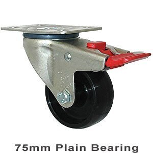 150kg Rated Industrial Castor - Nylon Wheel - 75mm - Plate Brake - Plain Bearing - NA