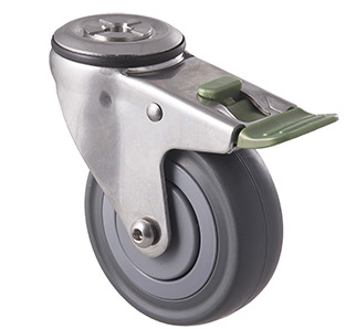 140kg Rated Stainless Steel Heavy Duty Castor - Grey Rubber Wheel - 100mm - Bolt Hole Directional Lock- Plain Bearing