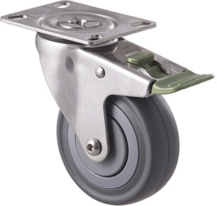 140kg Rated Stainless Steel Heavy Duty Castor - Grey Rubber Wheel - 100mm - Plate Directional Lock - Plain Bearing - ISO