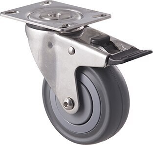 140kg Rated Stainless Steel Heavy Duty Castor - Grey Rubber Wheel - 100mm - Plate Brake - Plain Bearing - ISO