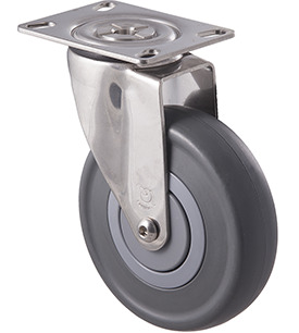150kg Rated Stainless Steel Heavy Duty Castor - Grey Rubber Wheel - 125mm - Plate Swivel - Plain Bearing - ISO