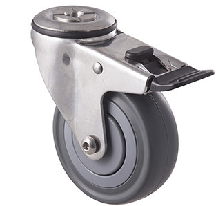 140kg Rated Stainless Steel Heavy Duty Castor - Grey Rubber Wheel - 100mm - Bolt Hole Brake - Ball Bearing