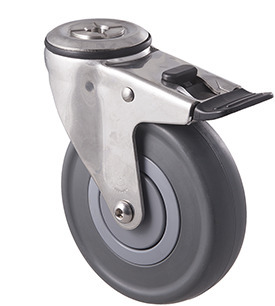 150kg Rated Stainless Steel Heavy Duty Castor - Grey Rubber Wheel - 125mm - Bolt Hole Brake - Ball Bearing