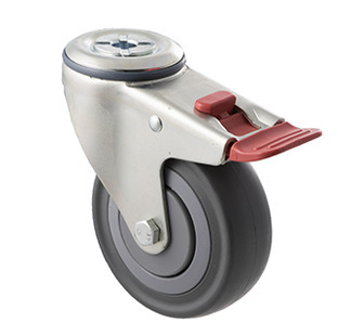 140kg Rated Industrial Castor - Grey Rubber Wheel - 100mm - Bolt Hole Brake - Ball Bearing