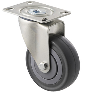 140kg Rated Industrial Castor - Grey Rubber Wheel - 100mm - Plate Swivel - Ball Bearing - ISO