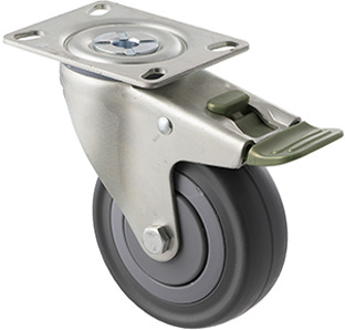 140kg Rated Industrial Castor - Grey Rubber Wheel - 100mm - Swivel With Brake - Ball Bearing - NA