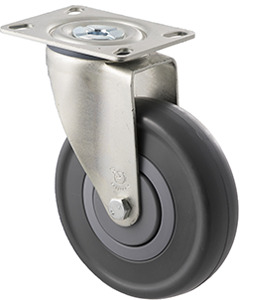 150kg Rated Industrial Castor - Grey Rubber Wheel - 125mm - Plate Swivel - Ball Bearing - ISO