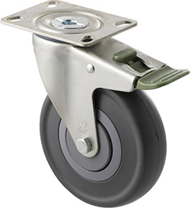 150kg Rated Industrial Castor - Grey Rubber Wheel - 125mm - Swivel With Brake - Ball Bearing - NA