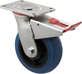 400kg Rated Industrial Hi Resilience Castor - Rubber Wheel - 150mm - Plate Brake - Ball Bearing - NA