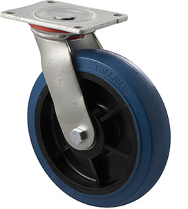 400kg Rated Industrial Hi Resilience Castor - Rubber Wheel - 200mm - Plate Swivel - Ball Bearing - NA