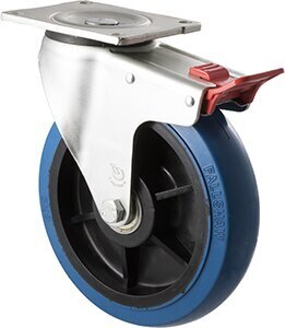 400kg Rated Industrial Hi Resilience Castor - Rubber Wheel - 200mm - Plate Brake - Ball Bearing - NA