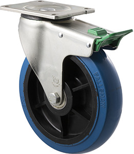 400kg Rated Industrial Hi Resilience Castor - Rubber Wheel - 200mm - Plate Direction Lock - Ball Bearing - ISO