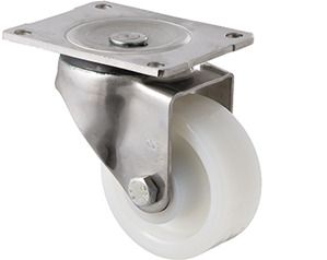 350kg Rated Stainless Steel Heavy Duty Castor - White Nylon Wheel - 100mm - Plate Swivel - Plain Bearing - ISO