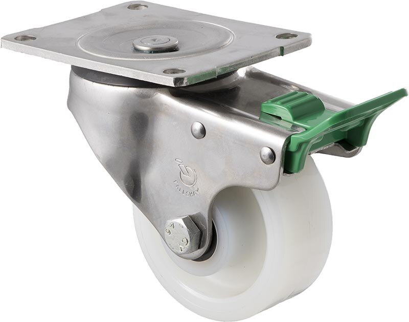 350kg Rated Stainless Steel Heavy Duty Castor - White Nylon Wheel - 100mm - Plate Direction Lock - Plain Bearing - ISO