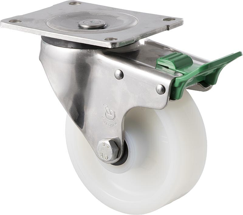 380kg Rated Stainless Steel Heavy Duty Castor - White Nylon Wheel - 125mm - Plate Direction Lock - Plain Bearing - ISO