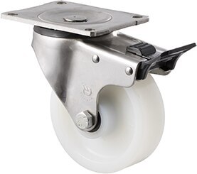 380kg Rated Stainless Steel Heavy Duty Castor - White Nylon Wheel - 125mm - Plate Brake - Plain Bearing - NA