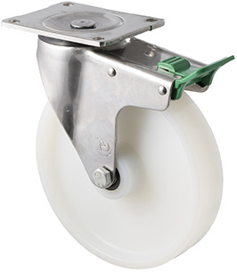 500kg Rated Industrial Castor - White Nylon Wheel - 200mm - Plate Direction Lock - Plain Bearing - NA