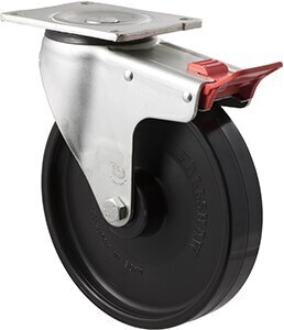 450kg Rated Industrial Castor - Nylon Wheel - 200mm - Plate Brake - Roller Bearing - ISO