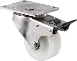 350kg Rated Stainless Steel Heavy Duty Castor - White Nylon Wheel - 100mm - Plate Brake - Roller Bearing - ISO