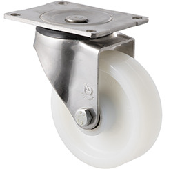 380kg Rated Stainless Steel Heavy Duty Castor - White Nylon Wheel - 125mm - Plate Swivel - Roller Bearing - ISO