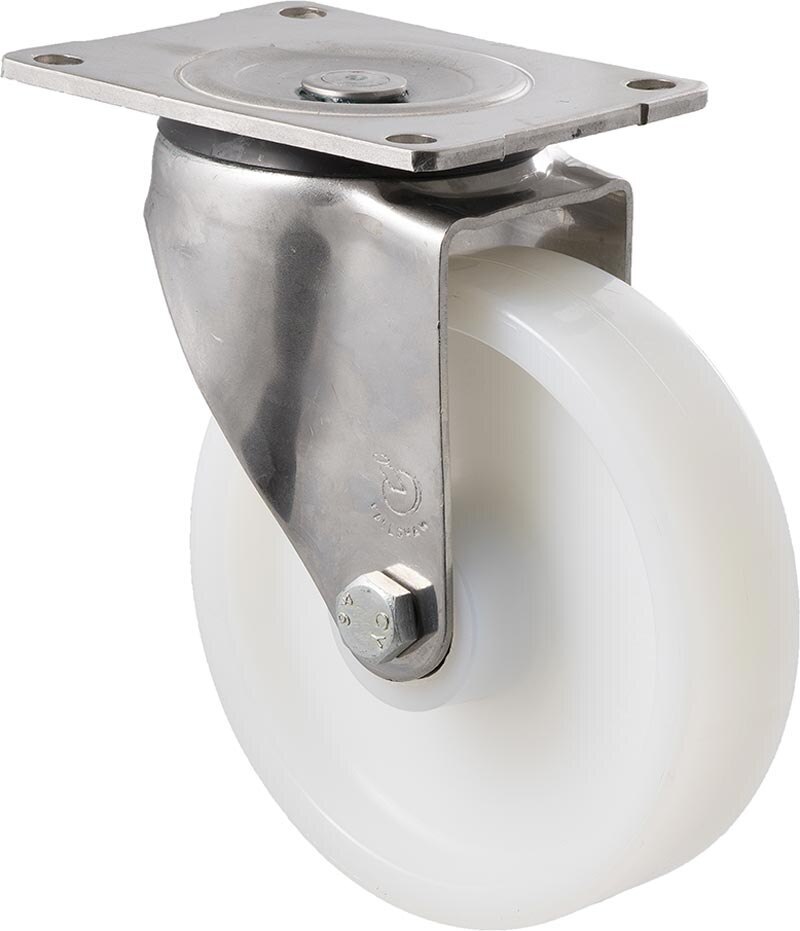 450kg Rated Stainless Steel Heavy Duty Castor - White Nylon Wheel - 150mm - Plate Swivel - Roller Bearing - ISO