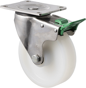450kg Rated Stainless Steel Heavy Duty Castor - White Nylon Wheel - 150mm - Plate Direction Lock - Roller Bearing - ISO