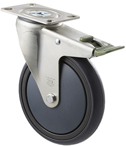 200kg Rated Industrial Castor - Grey Rubber Wheel - 150mm - Plate Directional Lock - Plain Bearing - ISO