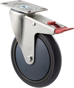 200kg Rated Industrial Castor - Grey Rubber Wheel - 150mm - Plate Brake - Plain Bearing - NA