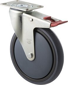 200kg Rated Industrial Castor - Grey Rubber Wheel - 175mm - Plate Brake - Plain Bearing - ISO