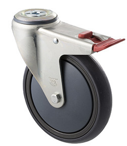 200kg Rated Industrial Castor - Grey Rubber Wheel - 150mm - Bolt Hole Brake - Ball Bearing