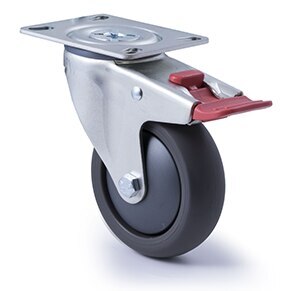 200kg Rated Industrial Castor - Polyurethane Wheel - 100mm - Plate Brake - Ball Bearing - ISO