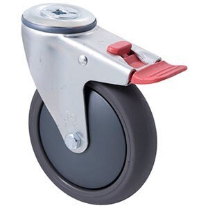 200kg Rated Industrial Castor - Polyurethane Wheel - 125mm - Bolt Hole Brake - Ball Bearing