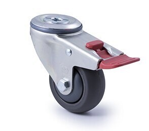 200kg Rated Industrial Castor - Polyurethane Wheel - 75mm - Bolt Hole Brake - Ball Bearing