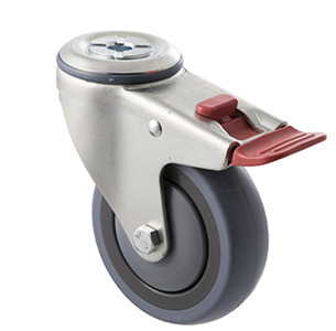 100kg Rated Industrial Castor - Grey Rubber Wheel - 100mm - Bolt Hole Brake - Ball Bearing