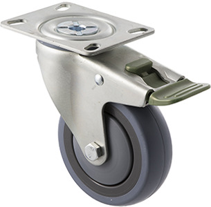 100kg Rated Industrial Castor - Grey Rubber Wheel - 100mm - Plate Directional Lock - Ball Bearing - ISO
